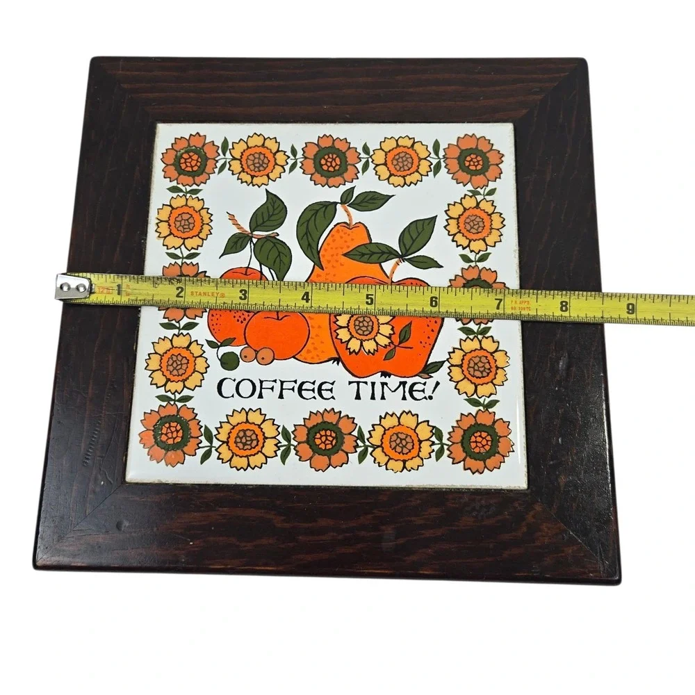 Vtg 60s Fujimiyaki Ceramic Tile Trivet in Footed Wood Frame 